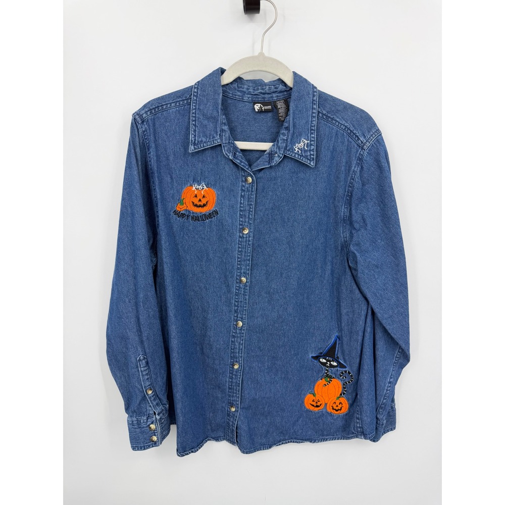Holiday Editions Halloween Denim Button Down Shirt XL Blue Embroidered Black Cat